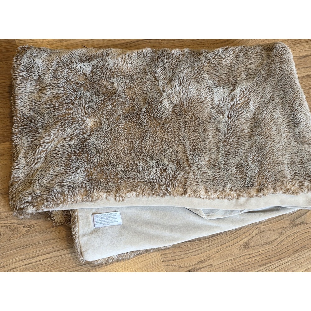 Restoration Hardware Faux Fur Throw Blanket Beige Brown 50"x60" Soft